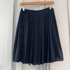Lauren Ralph Lauren Petite Navy Blue 100% Silk Pleated Knee Length Skirt Size 4P